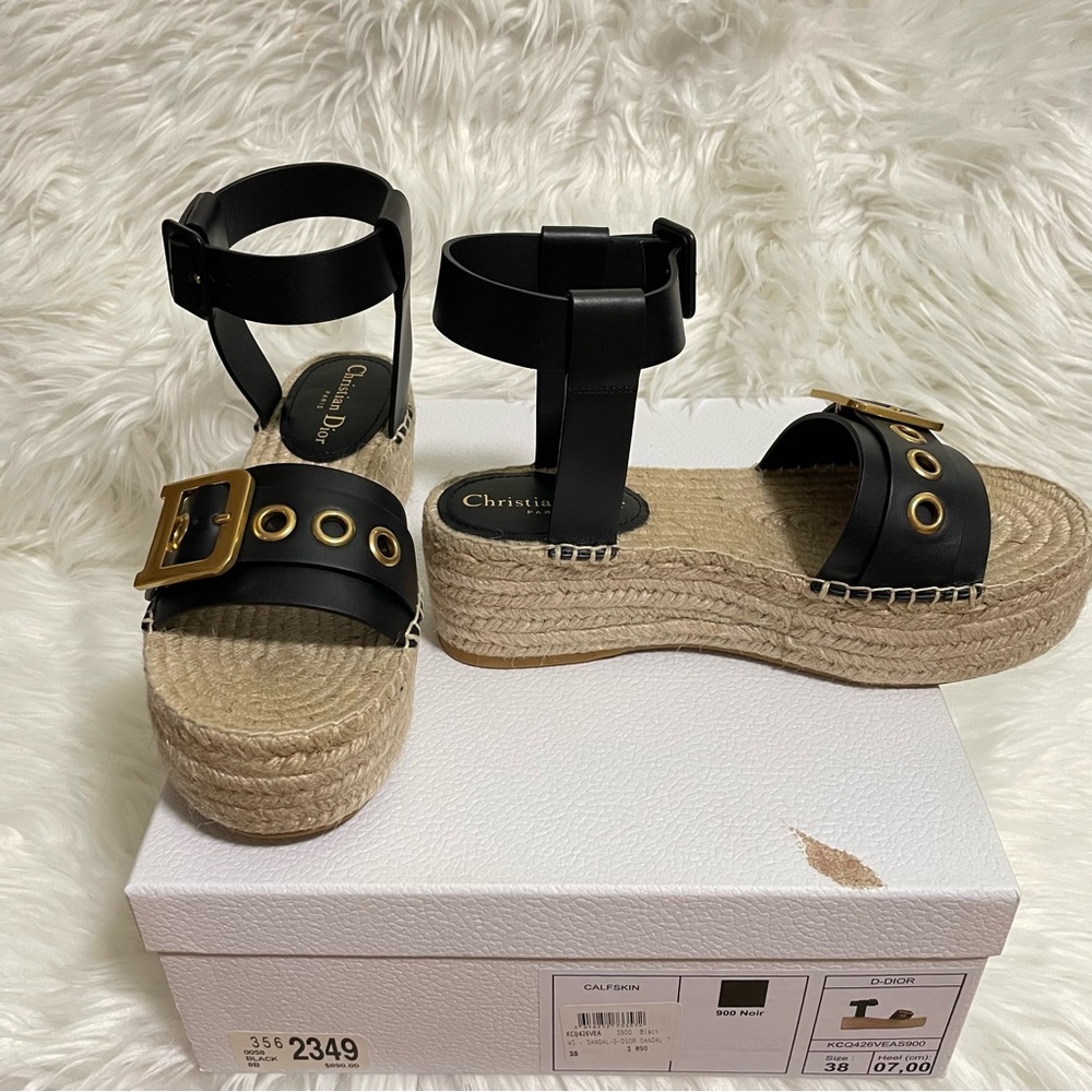 CHRISTIAN DIOR Calfskin D-Dior Espadrille Platform Sandals 38 Black